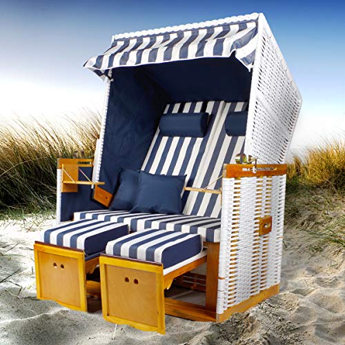 BRAST® Strandkorb Nordsee XXL für 2 Personen 120cm breit mehrere Designs incl. wetterfeste Abdeckhaube verstellbare Rückenlehne Fußkissen Farbe Blau/Weiß gestreift