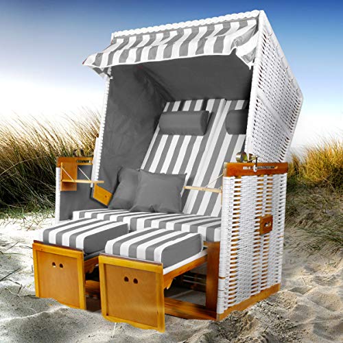 BRAST® Strandkorb Nordsee XXL für 2 Personen 120cm breit mehrere Designs incl. wetterfeste Abdeckhaube verstellbare Rückenlehne Fußkissen Farbe Grau/Weiß gestreift